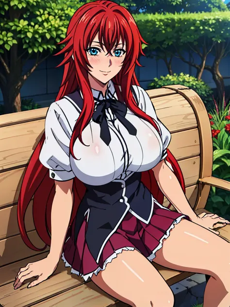 sitting at garden bench, Black cape, Black neckwear, white shirt, short sleeves, red pleated skirt, sailor coll, garden background, Rias Gremory, anime cels style, best quality, high resolution, 1girl, (huge breasts:1.2), beautiful face, Red hair,Very long...