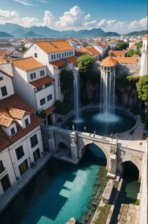 8K,white wallとOrange roofでUniteされた港町,Landscapes of medieval Europe,A large square and fountain in the center of town,masterpiece,Photorealistic RAW photos of the highest quality。bright colors,rich colors, Backlight, cinematic lighting, film grain, to be bo...