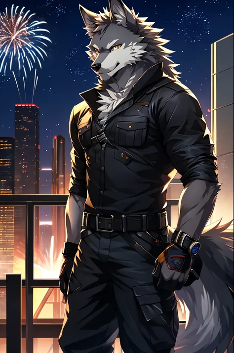 furry, male, anthro, (Wolf Tail), solo, (Realistic eye details:1.2), (beautiful detailed eyes), anime character there is a wolf male, alone, cool pose, moderate intensity body, golden eyes, Gray medium hair, combat black shirt, combat gloves，combat pants, ...