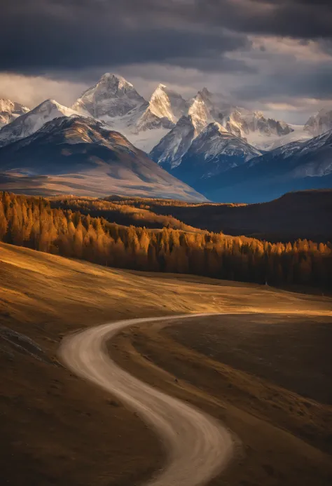 mountains with a dirt road going through them and a mountain in the distance, icy mountains in the background, breathtaking mountains, majestic mountains, icy mountains, snow capped mountains, beautiful mountains, mountain range, mountains in background, h...