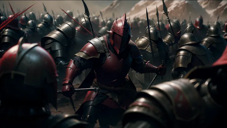 arafed image of a group of men in (crimson red armor:1.3) with spears and spears, vfx film closeup, scene where she is in rivendell, grimdark chaos fortress, riot shields, still from a music video, an army recruitment poster, inspired by Kamāl ud-Dīn Behzā...