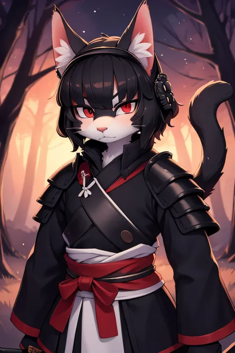 (high-res masterpiece)) , ((best quality)), illustration, furry, cat, animal ears, tail, bodyfur, black fur, 1guy, upper body, 1guy solo, adult *//*, red eyes *//*, black full-body Samurai armor, Samurai helmet, looking at down-right, blank expression, ser...