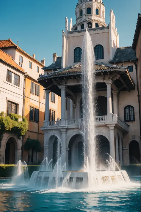 8K,white wallとOrange roofでUniteされた港町,Landscapes of medieval Europe,A large square and fountain in the center of town,masterpiece,Photorealistic RAW photos of the highest quality。bright colors,rich colors, Backlight, cinematic lighting, film grain, to be bo...