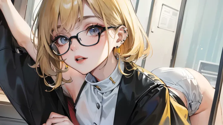 ((Best quality)), ((masterpiece)), (detailed), perfect face, ((blonde)), ((full length)), spectacled, with piercings,  short hair, ((One person in the frame)), young woman, high, in modern clothes 
 