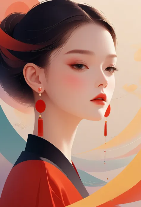 vector，flat style，illustration，数字艺术illustration，1 girl，unique，beautiful face，wear earrings，portrait，shoulder，artistic conception...