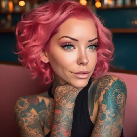 imagine laurence bedard reclining on a plush velvet sofa in a cozy coffee shop, her pink hair framing her captivating features. ...