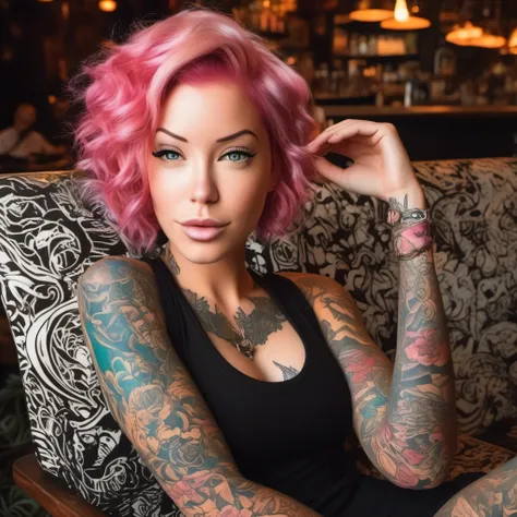 imagine laurence bedard reclining on a plush velvet sofa in a cozy coffee shop, her pink hair framing her captivating features. ...