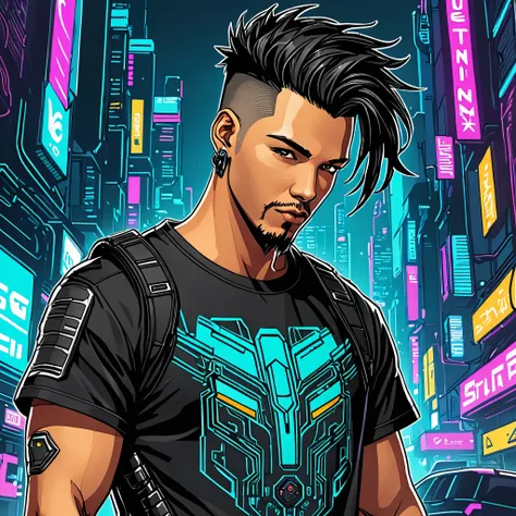 Estampa pra camiseta, vetor flet 2D, ultra detalhado, ultra SVG, 1 homem cyberpunk 