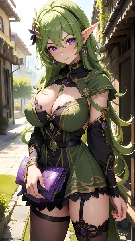 (masterpiece), best quality, expressive eyes, perfect face,((1girl)),(((mature woman))),(green and black elven dress:1.3)),(huge breasts:1.3),green hair,crystal amulet,outdoors,garter belt,high heels,middle hair,wavy hair,cleavage,looking at viewer,light s...