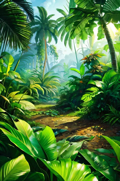 beautiful hyper-realistic and super-detailed background that shows the vegetation of a tropical jungle with exotic, large-leaved...