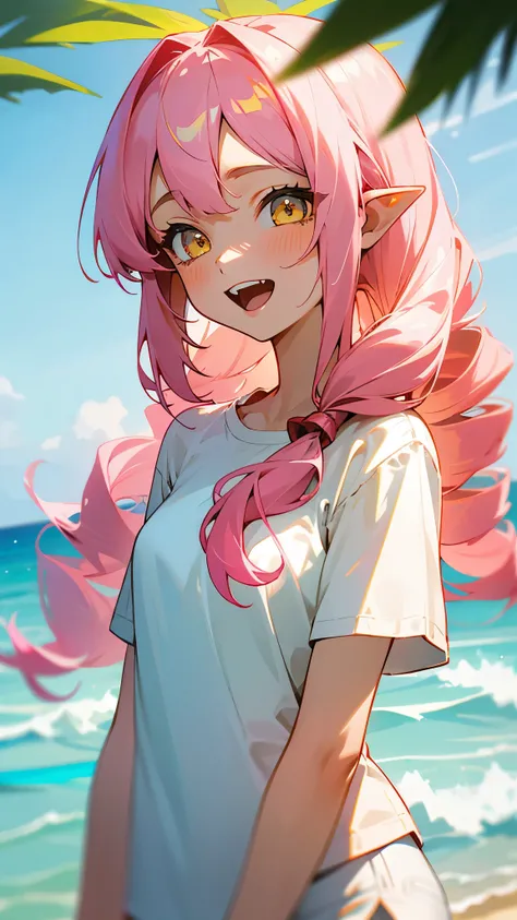 16 year old girl、long hair pink、twin drill, Bangs divided into left and right:1.5、yellow eyes、pointed ears、open your mouth and laugh、white t-shirt、white shorts、beach scenery、soft lighting、Summer mood、upper body close-up