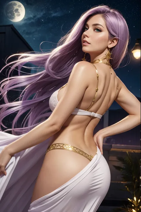 one American girl, realistic green eyes, long light purple lilac hair, large tits, large chest, cleavage, draped in white fabric with gold accessories, gold jewelry, high cheekbones, close up, masterpiece, best quality, looking at viewer from behind over t...