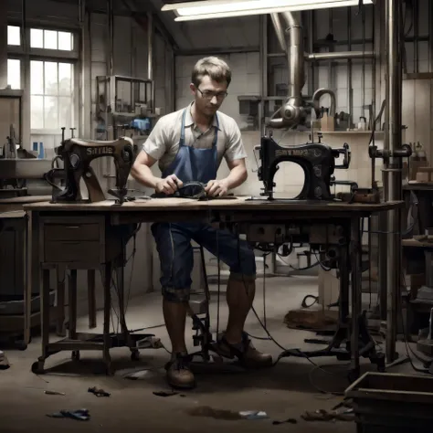 an technician repairing a sewing machine for footwear in a 4k high-quality, realistic image, high defition on technician, nitide...