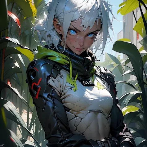 young adult, androgynous, assassin, plasmiod, beautiful, athletic, thin, silver hair, shorthair, blue eyes, smiling, jungle, 3d,...