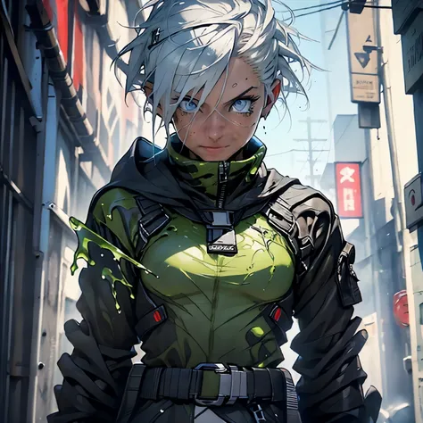 young adult, androgynous, assassin, plasmiod, beautiful, athletic, thin, silver hair, shorthair, blue eyes, smiling, jungle, 3d,...