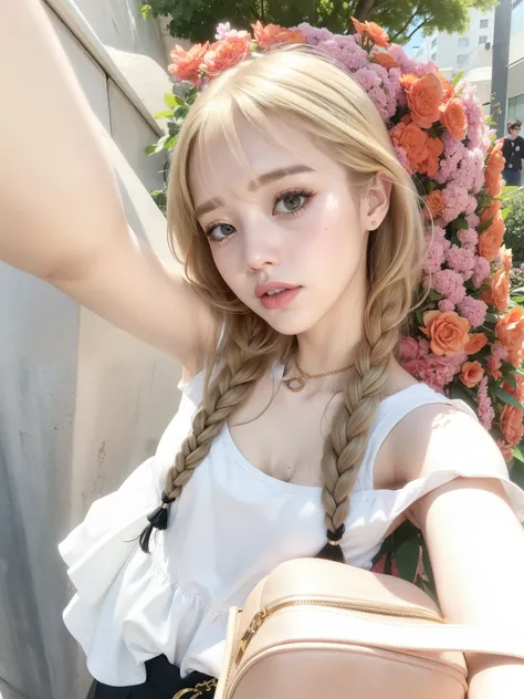 Blonde woman with long hair holding a white cell phone., retrato de kim petras, maquillaje popular de corea del sur, Retrato de Jossi de Blackpink, Parque Roseanne de Blackpink, ulzzang, maquillaje coreano popular, cruel korean gothic girl, ava max, con el...