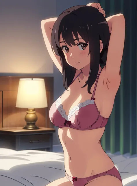 shinkai makoto, kimi no na wa., 1girl, bangs, black hair, brown eyes, waterfall braid, red ribbon, long hair, solo, blush, looking at the viewer, arms up, sexy pose, cute, bedroom, night, lamp, light off, light pink bra, breast, medium breast, light pink p...