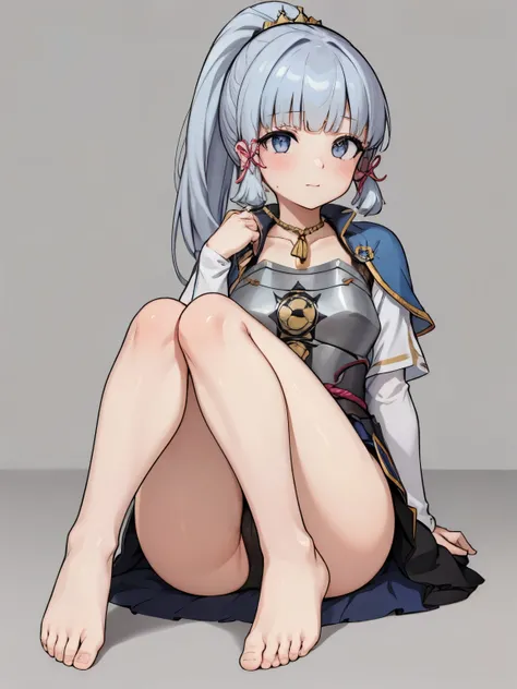 1girl,armor,barefoot,black eyes,blue capelet,blue hair,blue skirt,blunt bangs,breastplate,capelet,closed mouth,collarbone,dot nose,dou,feet,foot focus,foreshortening,grey background,japanese armor,knees up,kote,kusazuri,looking at viewer,mole,mole under ey...