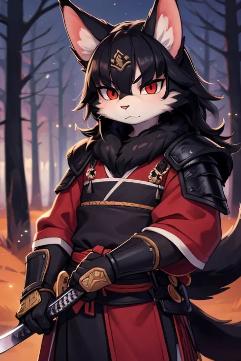 (high-res masterpiece)) , ((best quality)), illustration, furry, cat, animal ears, tail, bodyfur, black fur, 1guy, male, upper body, 1guy solo, adult *//*, red eyes *//*, black full-body Samurai armor, Samurai helmet, looking at down-right, blank expressio...