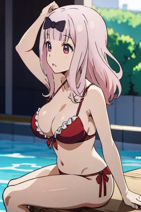 high quality, masterpiece, 1girl, solo, fujiwara chika (kaguya-sama), touch breasts, big breasts, pink bikini, in pool, swim