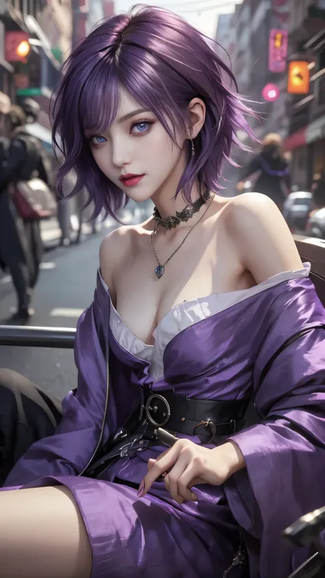 ​masterpiece, top-quality, ((1womanl)), different purple color, finely eye and detailed face, intricate detailes, Casual black and purple attire, window, A smile, Happiness, tenderness, high-level image quality、selfee, Beautuful Women、tall、a small face, D-...