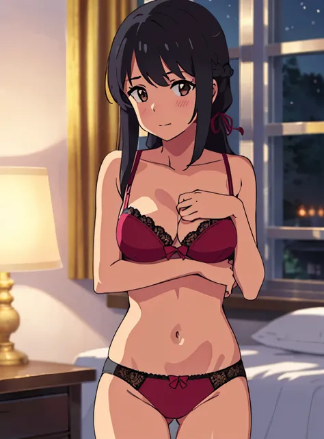 shinkai makoto, kimi no na wa., 1girl, bangs, black hair, brown eyes, waterfall braid, red ribbon, long hair, solo, blush, looking at the viewer, arms up, sexy pose, cute, bedroom, night, lamp, light off, light pink bra, breast, medium breast, light pink p...