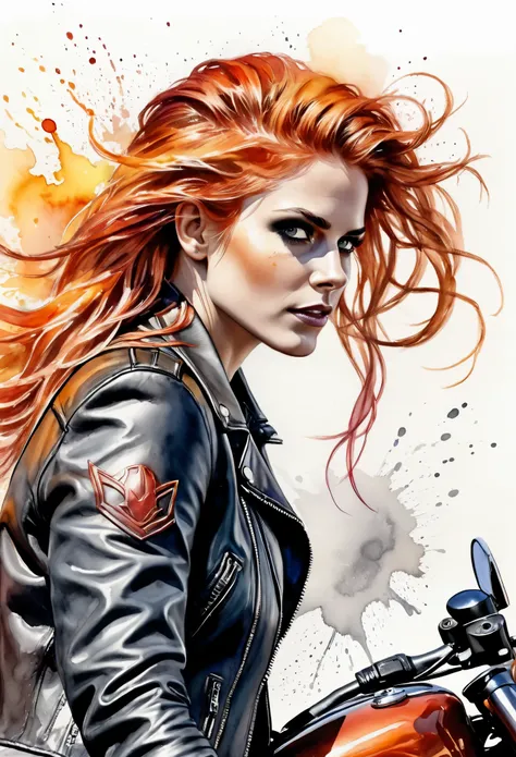 Colorfull watercolor hand drawing, splash design, (best quality, masterpiece:1.2), side view, a ghost ridert with fire hair wearing leather jacket, marvel style, simple lines, looking to camera, in dinamic, (natural skin and textile texture, hyperrealism, ...