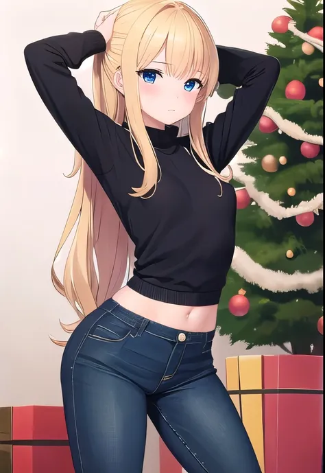 masterpiece,best quality,ultra detail,girl, 14 year old, black jeans sweater, christmas tree, blonde hair, blue eyes, long hair,...