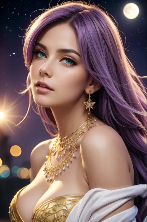 one American girl, realistic green eyes, long light purple lilac hair, large tits, large chest, cleavage, draped in white fabric with gold accessories, gold jewelry, high cheekbones, close up, masterpiece, best quality, looking at viewer from behind over t...