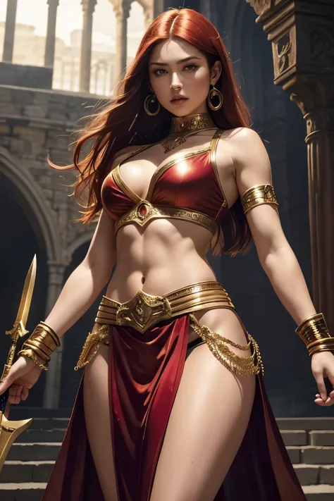 A stunningly beautiful woman, with a fiery red complexion, boldly dons a skimpy warrior outfit adorned with intricate gold detailing. Her toned midriff is exposed, revealing the enticing curve of her navel. She holds a spear with an intense grip, ready for...