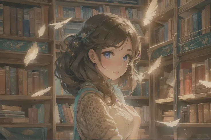 (a girl with beautiful detailed eyes, enchanting vibes, in a giant library filled with shelves of books),(books flying in the air, creating a magical atmosphere),(points of light shining through the windows, adding a touch of mystery and wonder),(best qual...