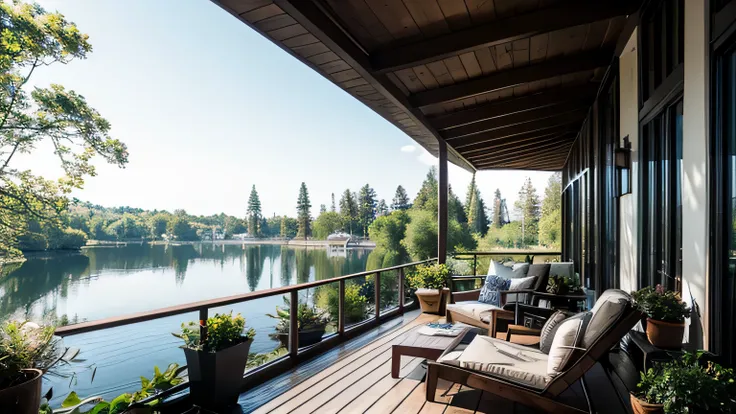 lake front balcony with plants, comfortable armchairs, cozy lighting and a mug of coffee