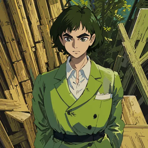 best quality, masterpiece, black hair, hazel eyes, upper body, thick eyebrows, green suit