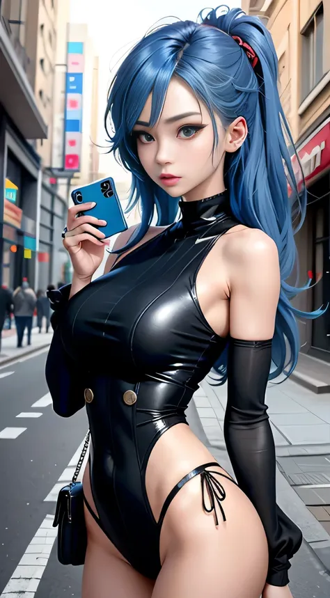 sfw, anime character with blue hair and blue eyes holding mobile phone, top rated on pixiv, pixiv, popular on pixiv, in pixiv, p...