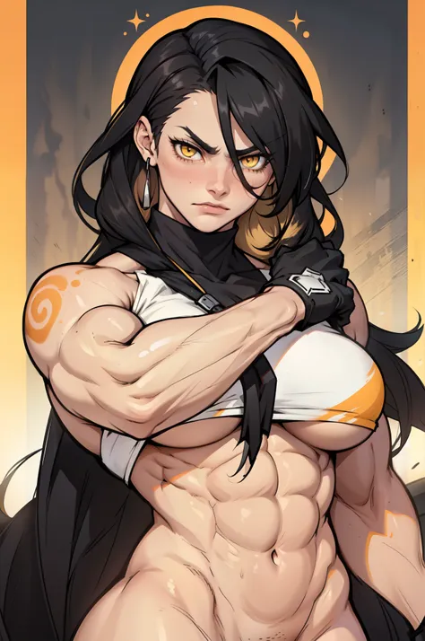 (((((1 girl))))) angry very long hair pale skin black hair yellow eye ((((muscular toned body)))) solo huge breasts