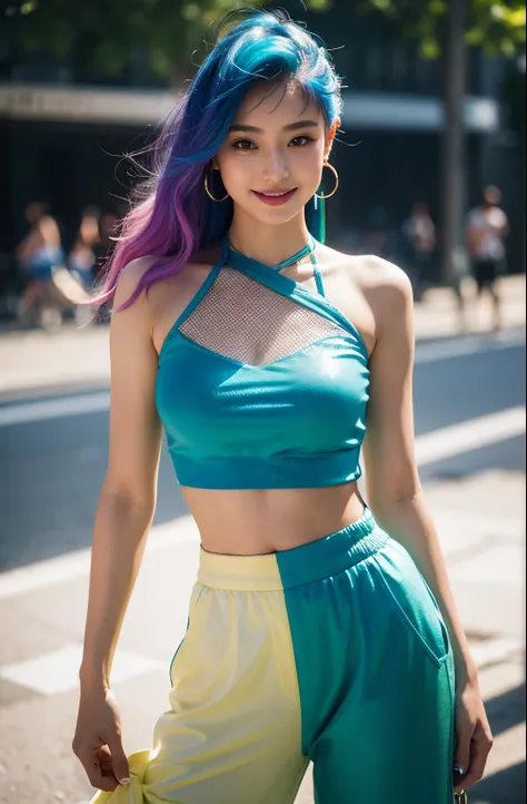 real，masterpiece, highest quality, alone, 1 girl, glowing skin, hoop earrings, glamorous, quirky details, rainbow mesh hair， fascinating, bare shoulders, crop top, long pants, shallow depth of field, contrasting, Professional models, facing the front, port...