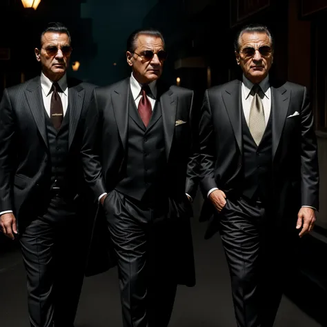 Image inspired by the film Goodfellas, featuring the three main protagonists: Joe Pesci, Robert De Niro, and Hay LIotta, all dressed in suits and embodying the role of arrogant and powerful gangsters during the 1970s. The image captures their charismatic a...