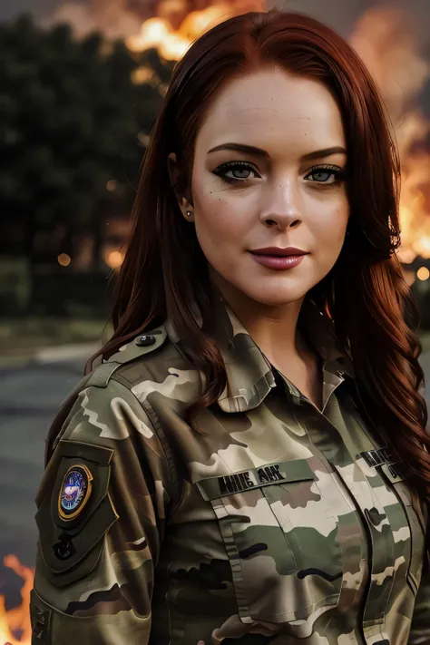 a close up of a woman in a military uniform standing in front of a fire