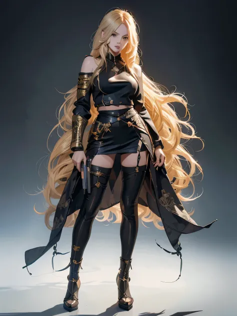 a woman with long blonde hair and a black top holding a gun, blonde anime girl with long hair, anime full body illustration, detailed anime character art, full body illustration, anime girl with long hair, highly detailed character design, female anime cha...