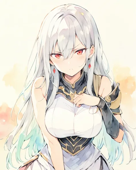 masterpiece, best quality, watercolor (medium), 1 girl, breast, alone, long hair, split, gray hair, red eyes, Shut up, earrings, Bangs, jewelry, skirt, bare shoulders, sleeveless, hair between eyes, 单pauldron, looking at the audience, large breast, armor, ...