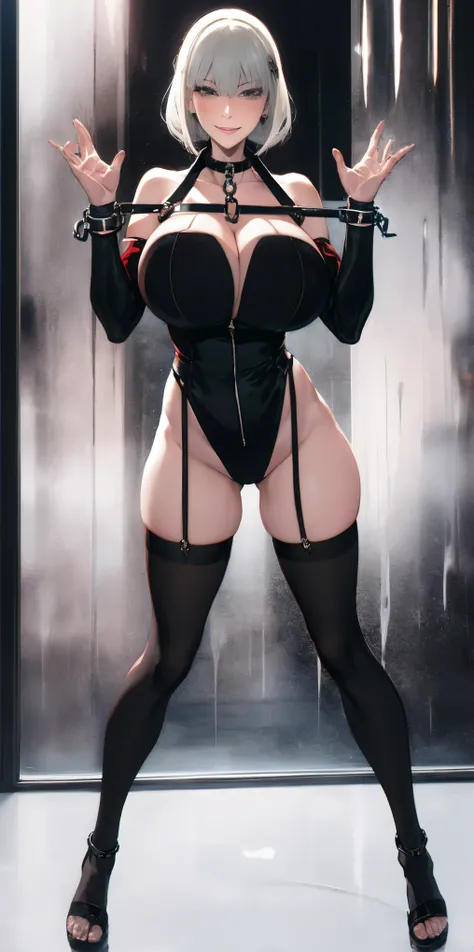 dark fantasy anime illustration of a (mature MILF BIMBO albino skin and short white hair), (FULL BODY) perfect face, wearing tight leather stealth armor, stalking, BIG KNOCKERS CLEAVAGE, lustful smirking smile red blush red cheeks, chain leash, kneeling, s...