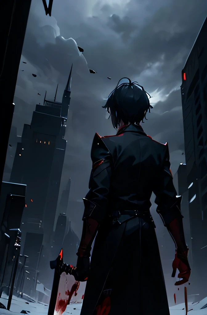 Darkness envelopes the entire sky, a singel boy was standing facing his back while lookin at the looming threat shrouded in shadows, grabbing his right sholder he tries to block his bleeding and a sword in his left hand, covered in blood and darkness.