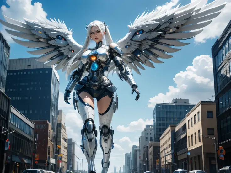 Beautiful 28 year old Woman, blue eye , twintail white hair, huge breast, ((cyborg)), full body, fly, white feathered wings, wings on her waist, huge wide wings, jeans shorts, city, highres, masterpiece, photorealistic, hyperealistic, detail body,