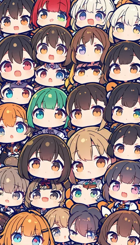 9 different designed chibi anime girl avatars with different hair colors and different eye colours spaced apart in separate rows...