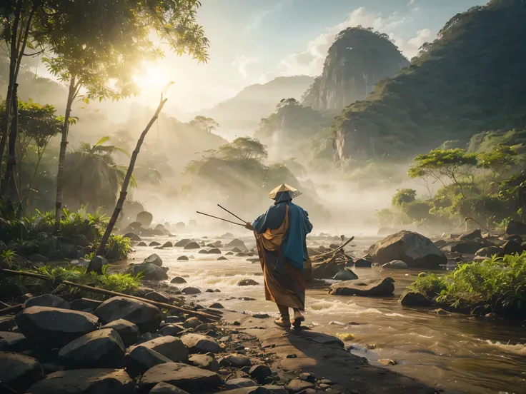 Pemandangan di Jawa barat tahun 1800, rumah kayu sederhana di tepi sungai yang deras berbatu yang air nya biru. banyak rumpun bambu besar, pohon-pohon tropis besar dan lebat, foliage yang rimbun, bark, ada pohon yang mati, ada daun yang menguning. latar be...