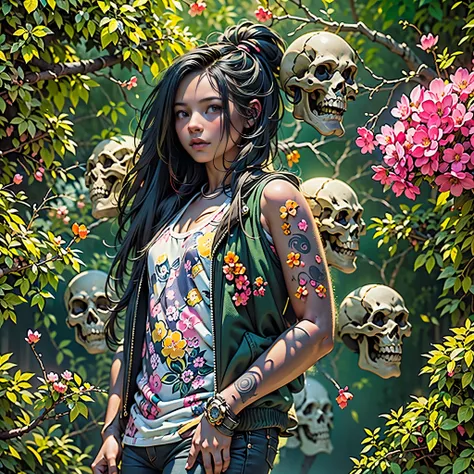 (1 girl - open face), full height, very cute). (pretty young black girl, black hair), (green: 1.5, orange: 1.1, white: 1.3, yellow: 1.3) , (very sexy female rapper with dreadlocks), (tattoos), (naked body parts), (down jacket: 1,2), (Nude body jacket, thon...