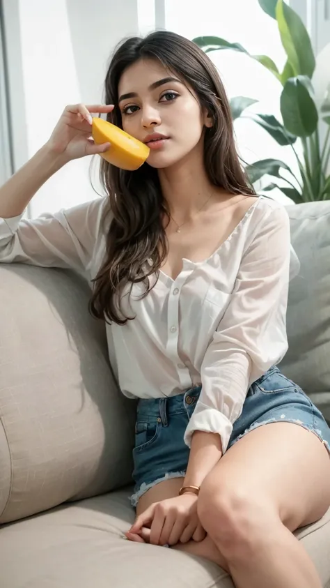 masterpiece,ultra realistic,32k,extremely detailed CG unity 8k wallpaper, best quality, 1 girl 25 year old, there is a woman sitting on a couch, mid shot portrait, casual pose, taken with canon 5d mk4, satisfied pose, taken with canon eos 5 d mark iv, whit...