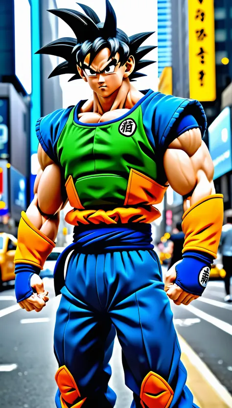 (best quality, ultra-detailed, realistic: 1.37), image of Goku (--cw 0, Dragon Ball Z character, full body, in New York, on the street with several buildings with billboard screens and people on the sidewalks), Goku with beautiful detailed eyes, beautiful ...