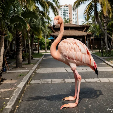 Flamingo olhando por baixo da asa fazendo o quatro com a perna