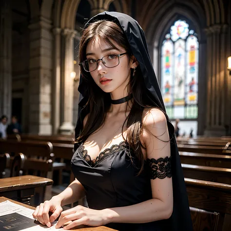 1girl, solo, long hair, breasts, looking at viewer, large breasts, brown hair, dress, cleavage, brown eyes, jewelry, collarbone, upper body, short sleeves, earrings, frills, parted lips, glasses, choker, artist name, indoors, hand up, mole, blurry, black d...